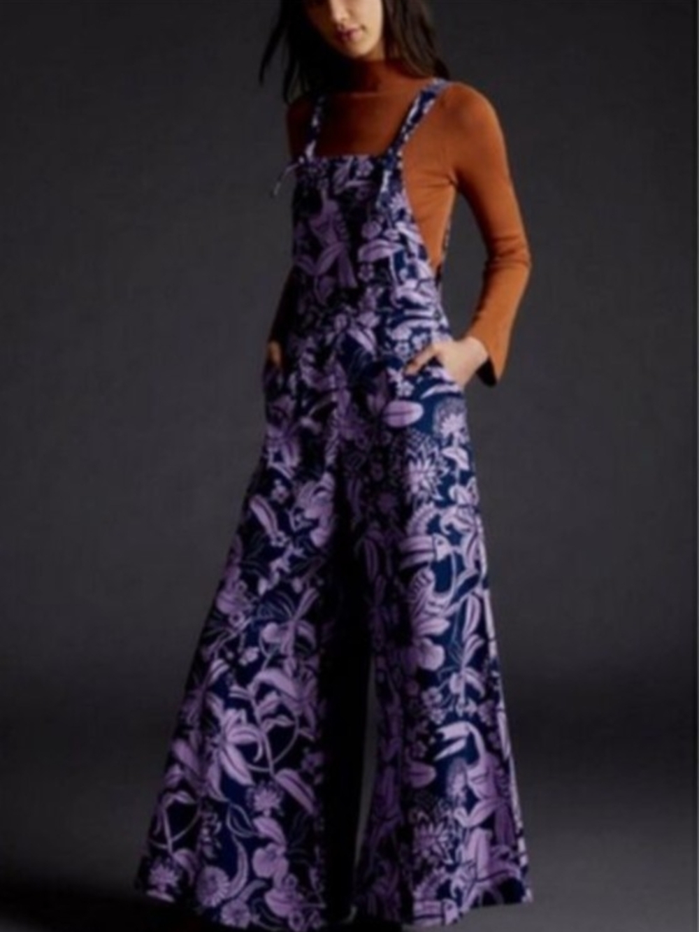 NWOT FARM Rio Navy and Lavender Floral Wide-Leg Jumpsuit